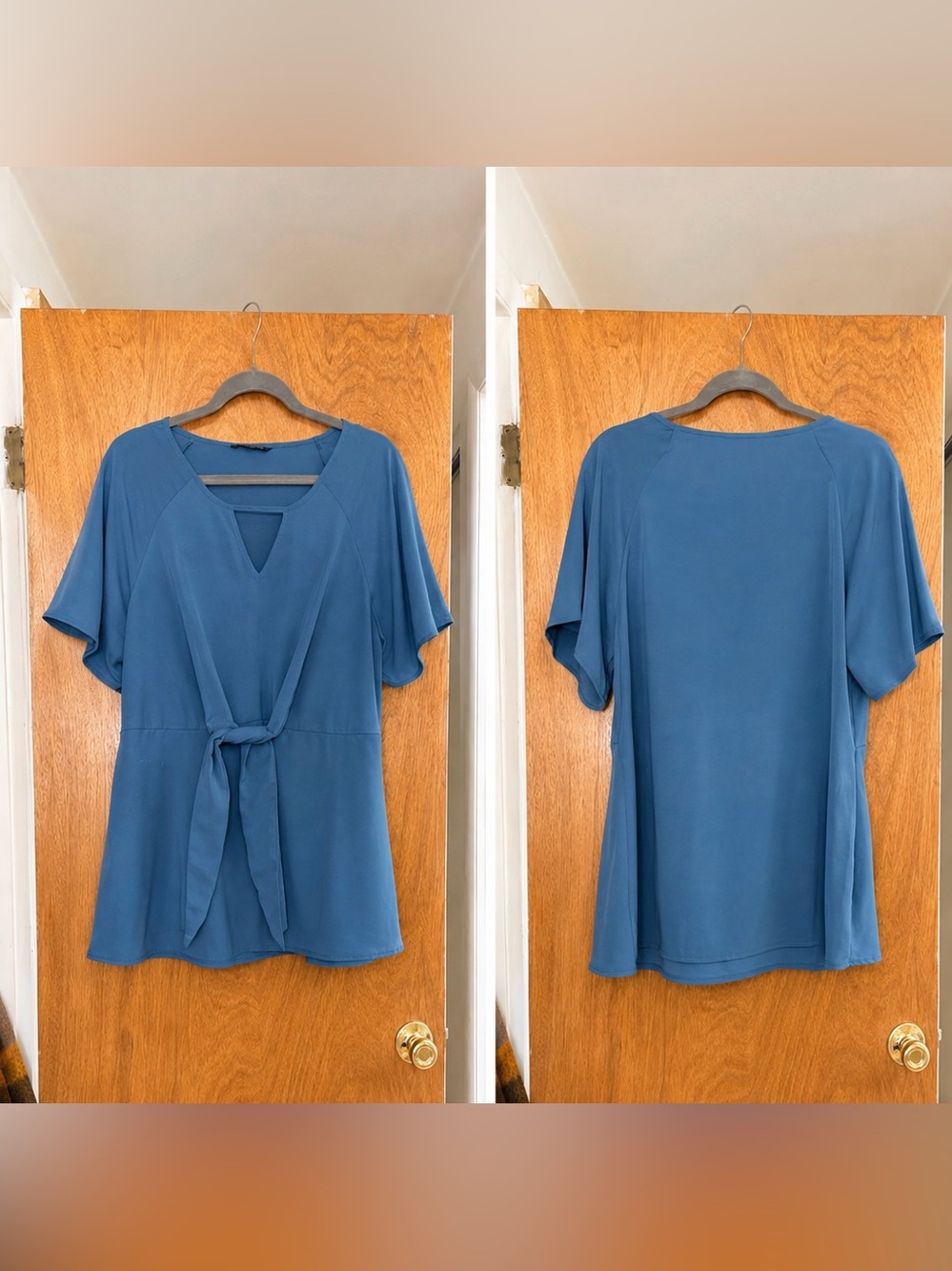BloomChic Slate Blue Tie-Front Short Sleeve Blouse